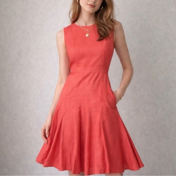 Hobbs Linen Red Salmon Sleeveless A-Line Knee Length Dress S (4)